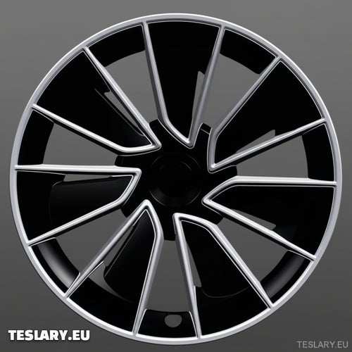 TESLA MODEL Y 19" UNIQUE S15 FULL COVER WHEEL HUBS BLACK & SILVER - TESLARY Tesla Shop Accessories Europe Nederlands Dublin Cork Ireland Deutschland Espana Alicante France Italia