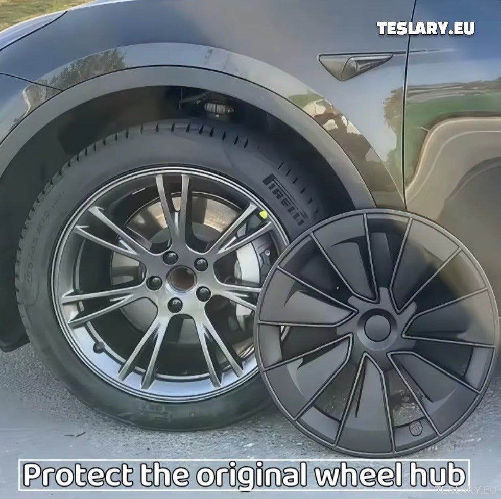 TESLA MODEL Y 19" UNIQUE S15 FULL COVER WHEEL HUBS BLACK & SILVER - TESLARY Tesla Shop Accessories Europe Nederlands Dublin Cork Ireland Deutschland Espana Alicante France Italia