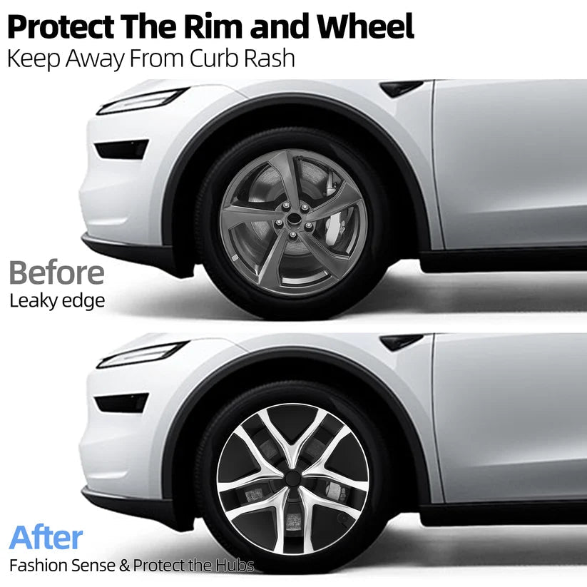 Before and after comparison of a car wheel with rim protection, showing a leaky edge before and fashion sense & protect the hub after. TESLA_MODEL_JUNIPER_19_WHEEL_PERFORMANCE_PREMIUM_ARACHNID_BUY_FROM_THE_TESLA_ACCESSORIES_SPECIALISTS_WITH_FREE_DELIVERY_ACROSS_EUROPE_TESLARY.EU_TESLARY.PT_TESLARY.ES