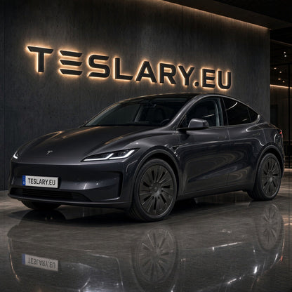 A dark gray Tesla Model Y Standard RWD is parked indoors on a polished floor in front of a large illuminated wall sign reading TESLARY.EU. TESLA_MODEL_Y_18_INCH_RWD_STANDARD_WHEEL_COVERS_2026_BUY_FROM_IRELAND_AND_EUROPES_TESLARY.EU_WITH_FREE_DELIVERY_ACROSS_EUROPE_WITH_FEDEX_TESLARY.EU_TESLARY.IE_TESLARY.FI_TESLARY.PT_TESLARY.IT