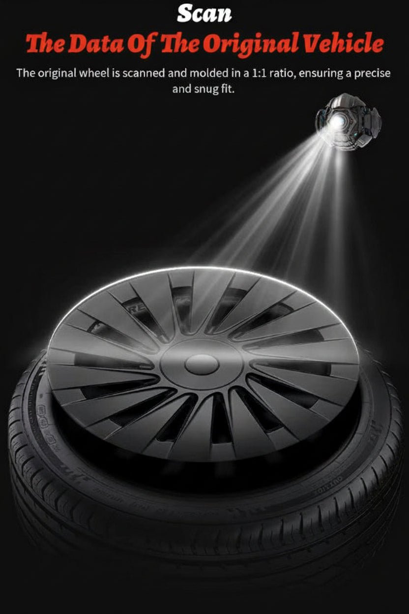 A black car wheel cover or tire cover shown on a black background with promotional text at the top reading 'Scan The Data Of The Original Vehicle' and a spotlight graphic illuminating the product.