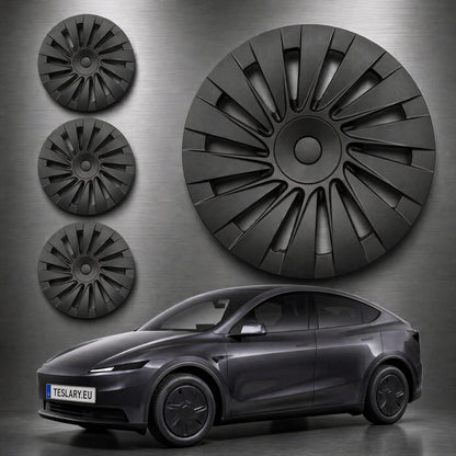 A dark gray Tesla Model Y shown with black wheel covers mounted on the wheels, set against a brushed metal background with three smaller views of the wheel covers. TESLA_MODEL_Y_18_INCH_RWD_STANDARD_WHEEL_COVERS_2026_BUY_FROM_IRELAND_AND_EUROPES_TESLARY.EU_WITH_FREE_DELIVERY_ACROSS_EUROPE_WITH_FEDEX