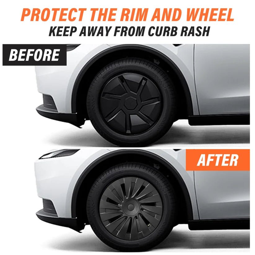 Before and after comparison showing a black wheel cover installed on a white car wheel, with text reading 'PROTECT THE RIM AND WHEEL' and 'KEEP AWAY FROM CURB RASH'.TESLA_MODEL_Y_18_INCH_RWD_STANDARD_WHEEL_COVERS_2026_BUY_FROM_IRELAND_AND_EUROPES_TESLARY.EU_WITH_FREE_DELIVERY_ACROSS_EUROPE_WITH_FEDEX_TESLARY.EU_TESLARY.IE_TESLARY.FI_TESLARY.PT_TESLARY.IT