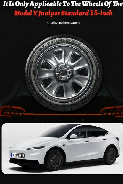 A promotional graphic showing a close-up of a silver multi-spoke wheel with a black tire, above a white Tesla Model Y sedan on a black background. Text at the top reads 'It Is Only Applicable To The Wheels Of The Model Y Juniper Standard 18-inch' with smaller French text below.