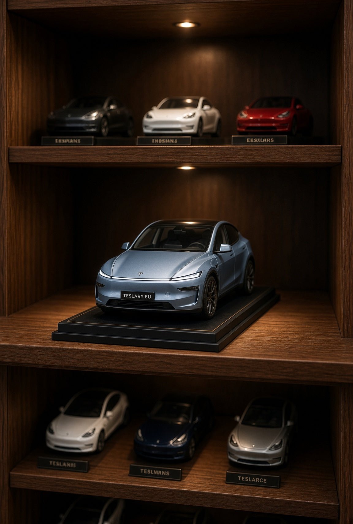 A miniature model of a Tesla Model Y in light blue is displayed on a black base in a wooden shelf, with other miniature cars in the background. Tesla Model Y Juniper Childrens Scale Toy Collectors Edition Toy 1 32 Buy from Ireland and Europes Teslary.eu