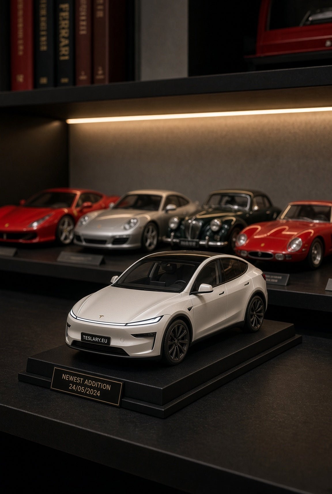A white Tesla Model Y model car displayed on a black pedestal with a gold plaque, set on a dark shelf alongside other miniature classic cars under warm lighting. Tesla Model Y Juniper Childrens Scale Toy Collectors Edition Toy 1 32 Buy from Ireland and Europes Teslary.eu