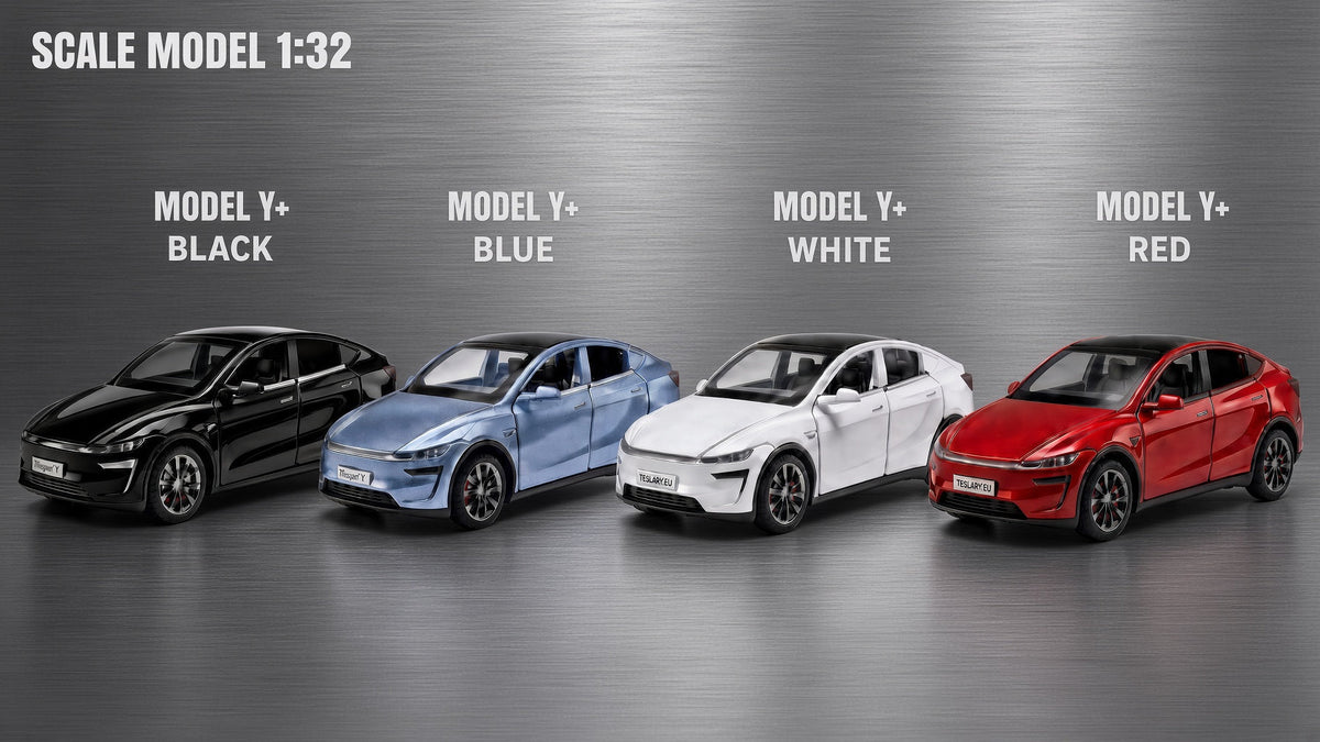 Four scale model cars labeled Model Y+ in different colors: black, blue, white, and red, arranged on a metallic gray background with text indicating scale model 1:32. Tesla Model Y Juniper Scale Models Toy Cars for ChildrenG Birthdays Christmas Gifts Buy from Ireland and Europes teslary.eu