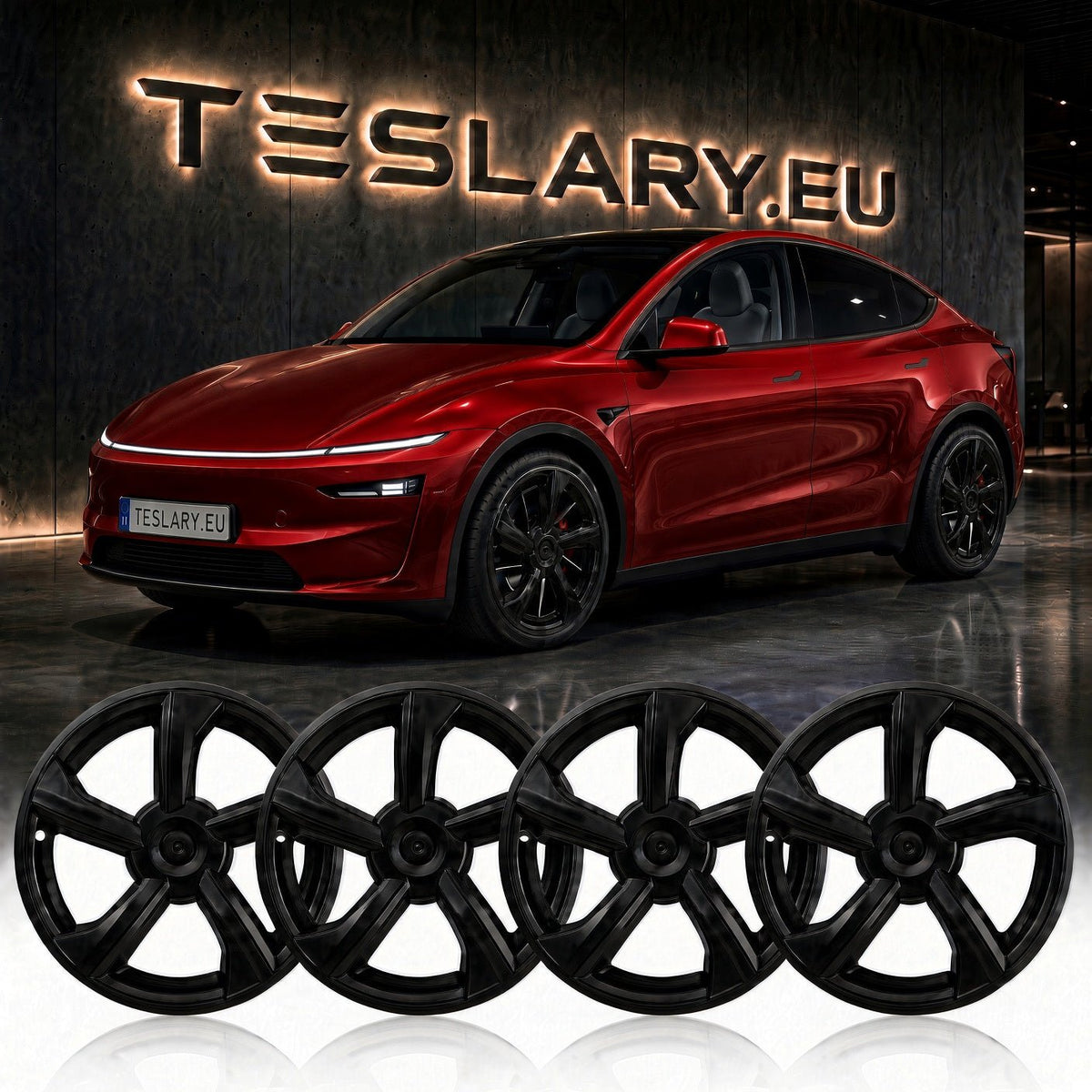 Four black multi-spoke wheel covers displayed in a row against a white reflective floor, with a red Tesla Model Y in the background in front of a dark wall featuring a glowing TESLARY.EU sign. tesla-model-y-juniper-19-durable-abs-full-wheel-cover-gloss-black-teslary-dublin-ireland-cork-nederlands-deutschland-espana-alicante-madrid-tesla-accessories-sh-8898662 tesla-model-y-juniper-19-durable-abs-full-wheel-cover-gloss-black-teslary-dublin-ireland-cork-nederlands-deutschland-espana-alicante-madrid-tesla-acce