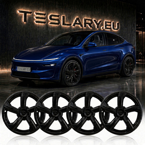 Four black multi-spoke alloy wheels displayed in a row against a reflective white floor, with a blue Tesla Model Y parked in front of a dark wall featuring a glowing TESLARY.EU sign. tesla-model-y-juniper-19-durable-abs-full-wheel-cover-gloss-black-teslary-dublin-ireland-cork-nederlands-deutschland-espana-alicante-madrid-tesla-accessories-sh-8898662
