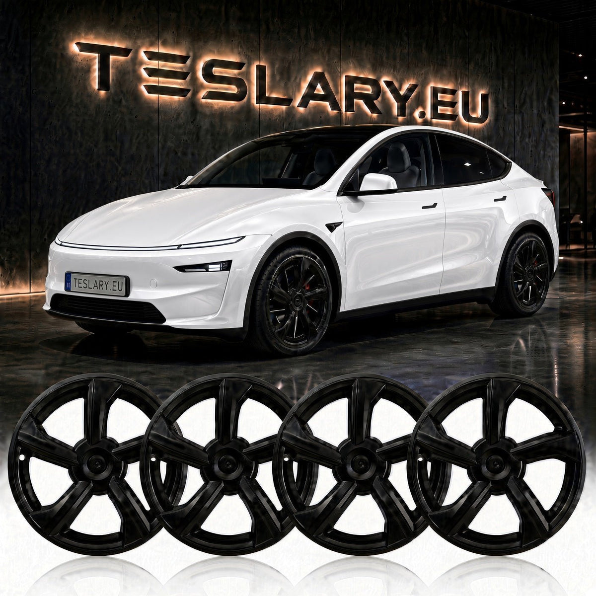 Four black multi-spoke alloy wheels displayed in the foreground, with a white Tesla Model Y in the background in front of a dark wall featuring the TESLARY.EU logo. tesla-model-y-juniper-19-durable-abs-full-wheel-cover-gloss-black-teslary-dublin-ireland-cork-nederlands-deutschland-espana-alicante-madrid-tesla-accessories-sh-8898662