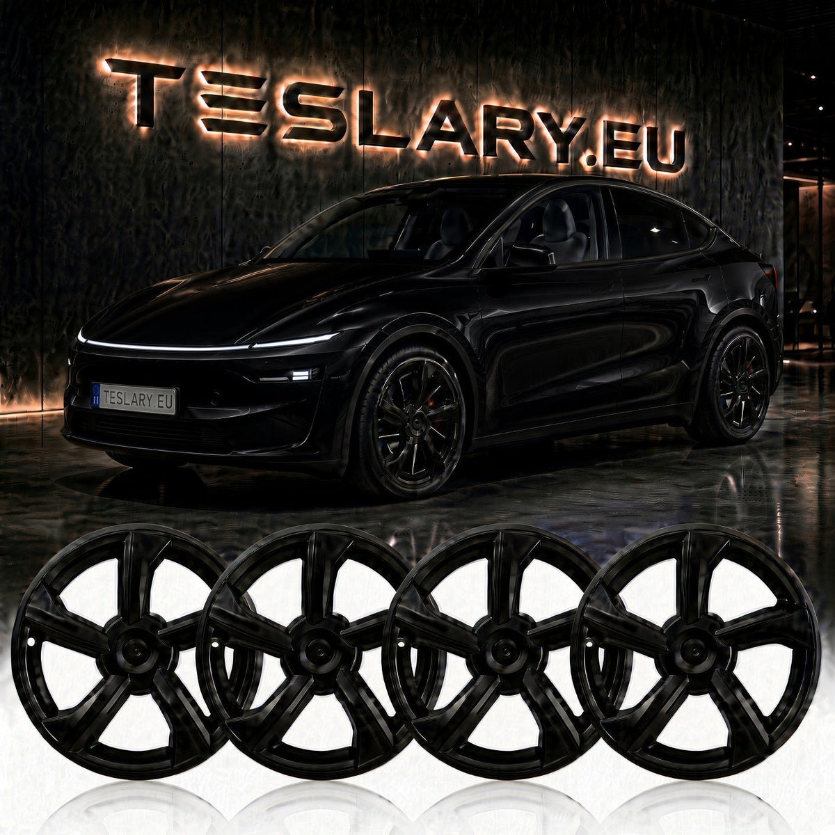 Four black multi-spoke alloy wheels displayed in the foreground, with a glossy black Tesla Model Y in the background in front of a lit TeslaLary.eu sign. tesla-model-y-juniper-19-durable-abs-full-wheel-cover-gloss-black-teslary-dublin-ireland-cork-nederlands-deutschland-espana-alicante-madrid-tesla-accessories-sh-8898662