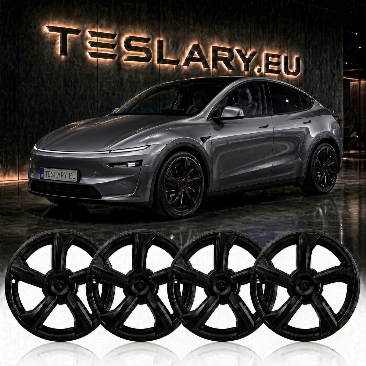 Four black multi-spoke alloy wheels displayed in front of a gray Tesla Model Y, with a Tesla.LARY.EU sign in the background. tesla-model-y-juniper-19-durable-abs-full-wheel-cover-gloss-black-teslary-dublin-ireland-cork-nederlands-deutschland-espana-alicante-madrid-tesla-accessories-sh-8898662