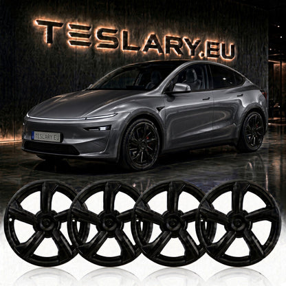 Four black multi-spoke alloy wheels displayed in front of a gray Tesla Model Y, with a Tesla.LARY.EU sign in the background. tesla-model-y-juniper-19-durable-abs-full-wheel-cover-gloss-black-teslary-dublin-ireland-cork-nederlands-deutschland-espana-alicante-madrid-tesla-accessories-sh-8898662