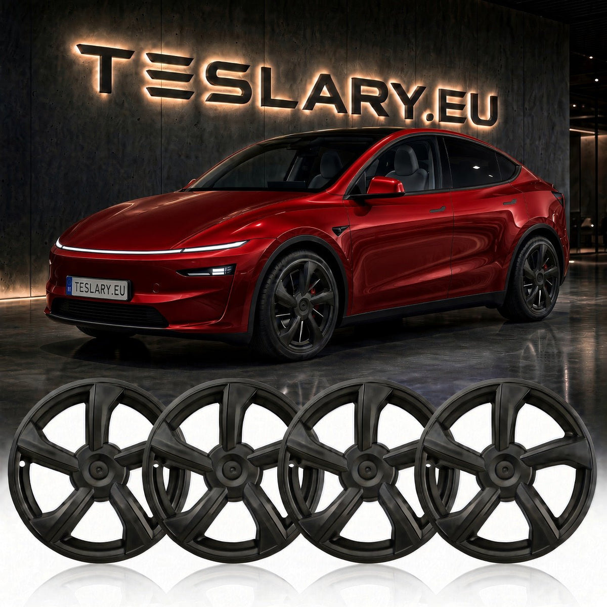 Four matte black multi-spoke alloy wheels displayed in the foreground, with a red Tesla Model Y in the background against a dark wall featuring a glowing TESLARY.EU sign. Tesla Model Y Juniper 19 inch Wheel Covers Hub Caps Matte Black Free Delivery with Fedex Buy from Ireland and Europes Teslary.eu