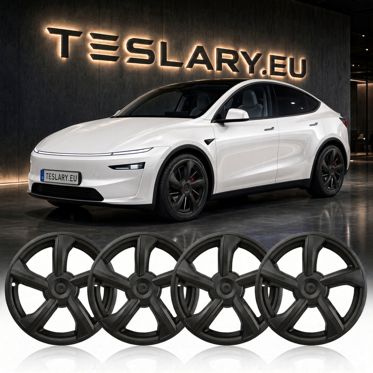 Four matte black multi-spoke wheel covers displayed in a row, with a white Tesla Model Y in the background in front of a dark wall featuring a glowing TESLARY.EU sign. Tesla Model Y Juniper 19 inch Wheel Covers Hub Caps Matte Black Free Delivery with Fedex Buy from Ireland and Europes Teslary.eu