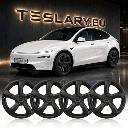 Four matte black multi-spoke wheel covers displayed in a row, with a white Tesla Model Y in the background in front of a dark wall featuring a glowing TESLARY.EU sign. Tesla Model Y Juniper 19 inch Wheel Covers Hub Caps Matte Black Free Delivery with Fedex Buy from Ireland and Europes Teslary.eu