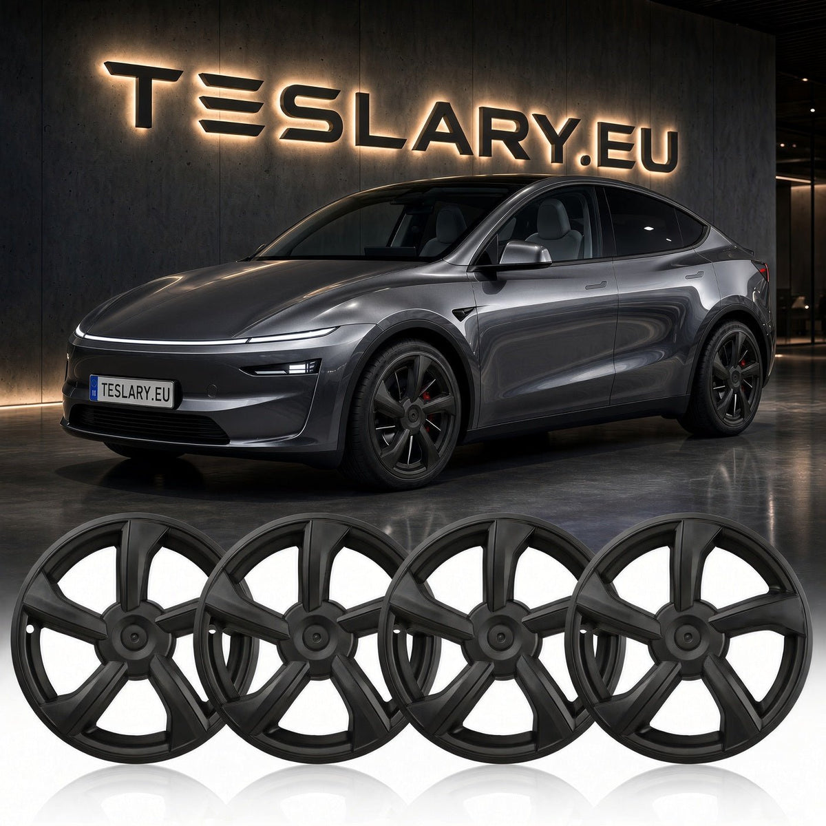 Four matte black multi-spoke wheel covers displayed in a row, with a dark gray Tesla Model Y in the background in front of a lit TESLARY.EU sign. Tesla Model Y Juniper 19 inch Wheel Covers Hub Caps Matte Black Free Delivery with Fedex Buy from Ireland and Europes Teslary.eu