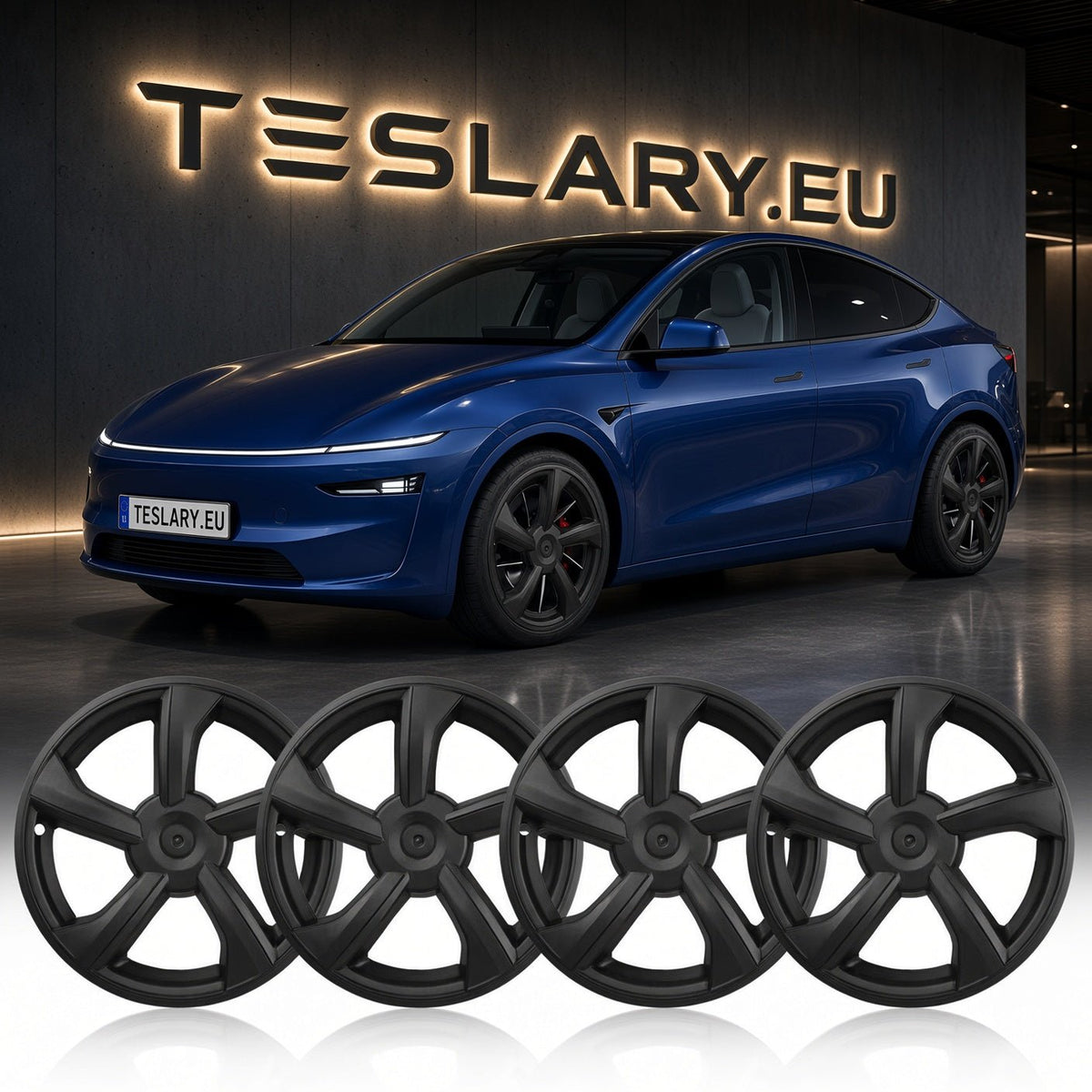 Four matte black multi-spoke wheel covers displayed in the foreground, with a blue Tesla Model Y in the background in front of a Tesla logo sign. Tesla Model Y Juniper 19 inch Wheel Covers Hub Caps Matte Black Free Delivery with Fedex Buy from Ireland and Europes Teslary.eu