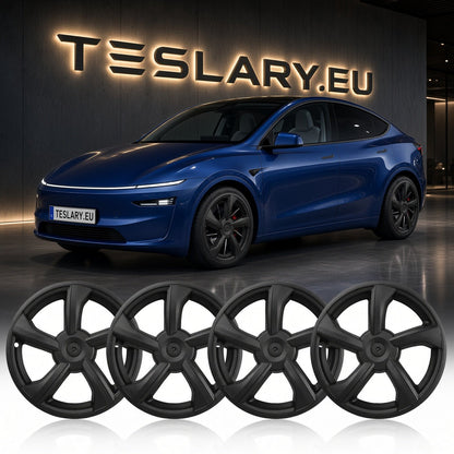 Four matte black multi-spoke wheel covers displayed in the foreground, with a blue Tesla Model Y in the background in front of a Tesla logo sign. Tesla Model Y Juniper 19 inch Wheel Covers Hub Caps Matte Black Free Delivery with Fedex Buy from Ireland and Europes Teslary.eu