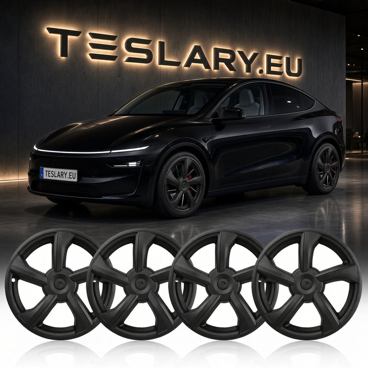 Four matte black multi-spoke wheel covers displayed in a row, with a black Tesla Model Y in the background in front of a Tesla wall sign. Tesla Model Y Juniper 19 inch Wheel Covers Hub Caps Matte Black Free Delivery with Fedex Buy from Ireland and Europes Teslary.eu