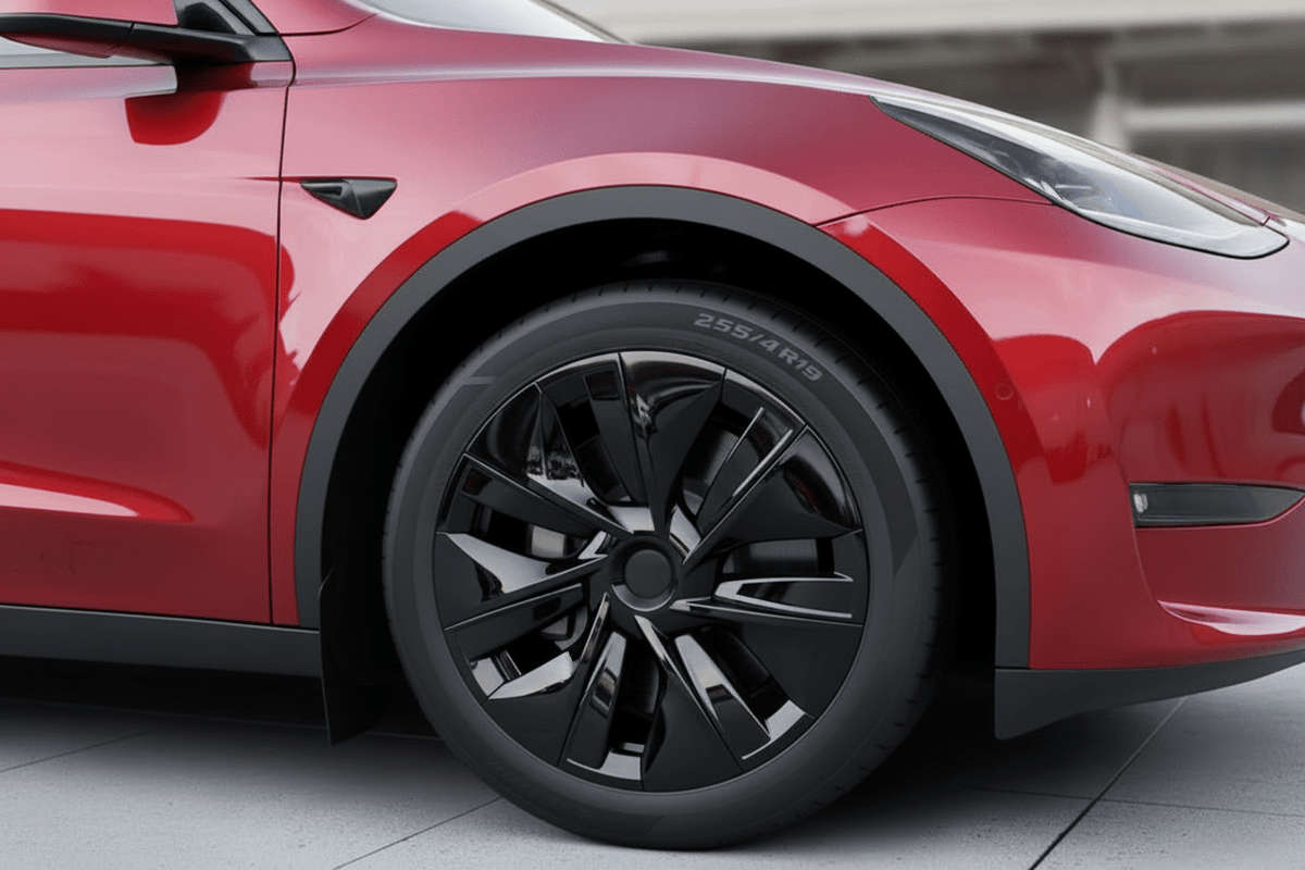 Close-up of a red vehicle wheel and fender area, showing a black multi-spoke alloy wheel with a visible 255/410 tire sidewall, set against a clean outdoor architectural background. TESLA_MODEL_Y_GLOSS_BLACK_19_WHEEL_COVERS_2022_2023_2024_2025_BUY_FROM_IRELAND_AND_EUROPES_TESLARY.EU