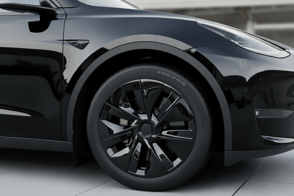 Close-up of a gray electric vehicle wheel with a black multi-spoke alloy rim and a black tire marked BISSOTTI 255/45 R17. TESLA_MODEL_Y_GLOSS_BLACK_19_WHEEL_COVERS_2022_2023_2024_2025_BUY_FROM_IRELAND_AND_EUROPES_TESLARY.EU