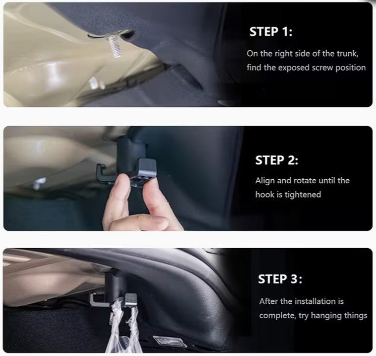 Three-panel instructional graphic showing how to install a hook in a car trunk. Step 1 shows the exposed screw position on the right side of the trunk. tesla-model-3-highland-grocery-shopping-bag-trunk-hook-1-piece-teslary-dublin-ireland-nederlands-deutscgland-espana-alicante-madrid-tesla-shop-europe-france-ita-292655