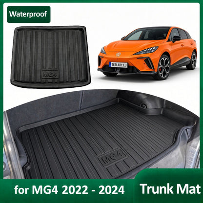 MG4 2022-2024 trunk mat shown installed inside a car trunk, with a separate top view of the black rubber mat and an orange MG4 car on a white background. Text reads Waterproof and for MG4 2022 - 2024 Trunk Mat.