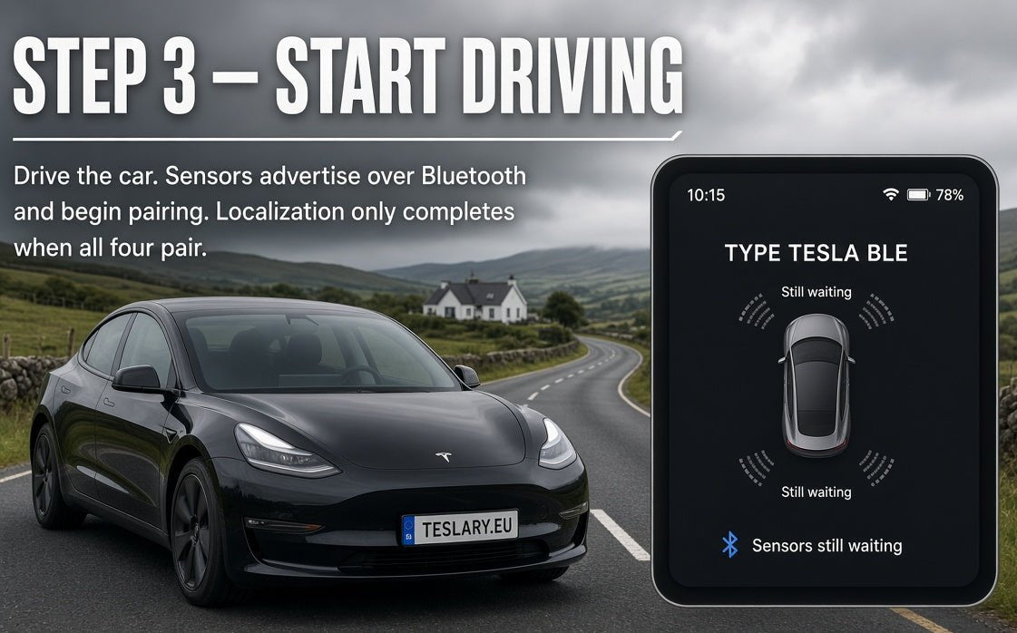 A black Tesla Model Y is shown on a country road with overlaid text reading 'STEP 3 — START DRIVING' and a smartphone screen on the right displaying 'TYPE TESLA BLE' and Bluetooth pairing status.